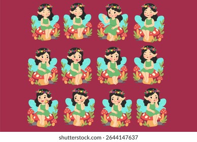 Collection of Cute Fairies Sitting on Mushrooms