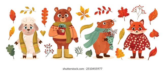 Colección de lindos animales de bosque de otoño. Oso de otoño, oveja, zorro y capibara. Elementos botánicos en tonos cálidos dorados. Ilustración vectorial de acuarela. 