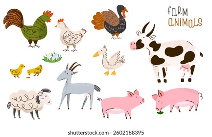 Collection of cute farm animal illustrations, including a cow, pig, sheep, goat, chicken, rooster, turkey, goose, and chicks. Perfect for kids and farm-themed designs