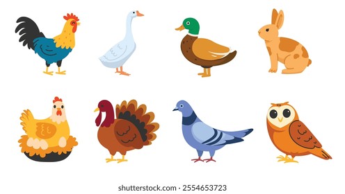 Collection of cute farm animals and birds illustrations. Features rooster, hen, goose, duck, rabbit, turkey, pigeon and owl.