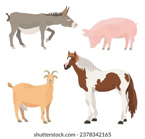 Collection cute farm animals. Cartoon goat, horse, donkey and pig illustration set. Wildlife character vector animals.