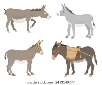 Collection cute farm animals. Cartoon donkey illustration set. Wildlife character vector animals.