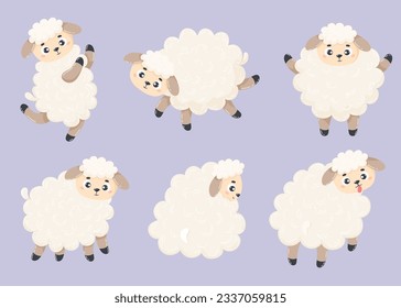 Collection cute farm animals sheep. Vector illustration. Isolated cartoon animals for kids collection, design, decor, cards and printing.