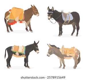 Coleção animais de fazenda bonitos. Ilustração de personagem de vetor conjunto de desenhos animados Burro com sela, cesta e elementos tradicionais isolados em branco.