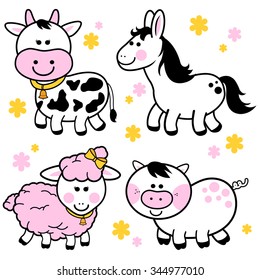 Collection of cute farm animals. Vector illustration