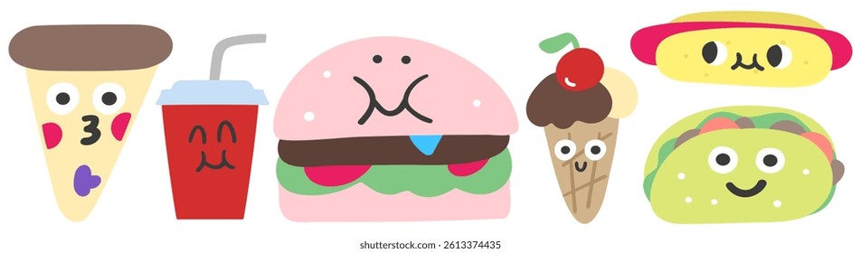 Collection of cute fast food characters. Hand drawn flat vector illustration on white background.