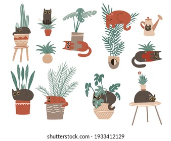 Colección de lindos personajes felinos jugando con plantas domésticas de moda. Montaje de muchos tipos de flores interiores en una olla-caché - palma, cactus, ficus. Personajes de gatitos para carteles, tarjetas postales, estampados de camisetas