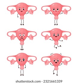 Collection cute female cartoon uterus. Human reproductive organ character with different emotions. Isolated Vector illustrations on white background