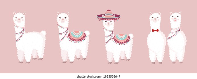 Collection of cute and festive llamas and alpacas on a pink background. Set of decorative elements for your design of a postcard, poster, wrapping paper, textiles, patern.