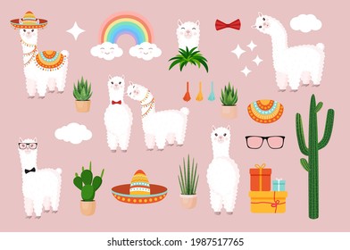 Collection of cute and festive llamas and alpacas on a pink background. Set of decorative elements for your design of postcard, poster, wrapping paper, textiles, patern, scrapbooking.