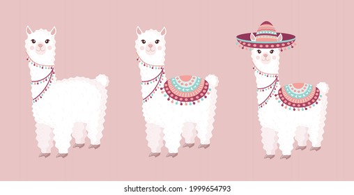 Collection of cute and festive llamas and alpacas on a pink background. Set of decorative elements for your design of a postcard, poster, wrapping paper, textiles, patern.