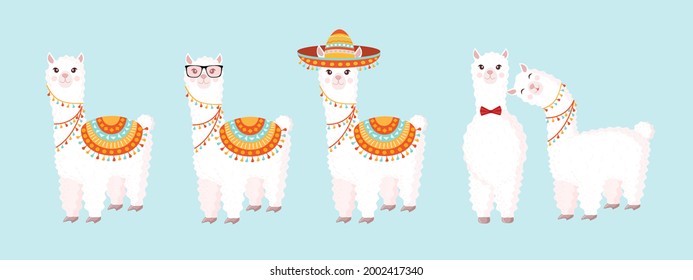 Collection of cute and festive llamas and alpacas on a blue background. Set of decorative elements for your design of a postcard, poster, wrapping paper, textiles, patern.