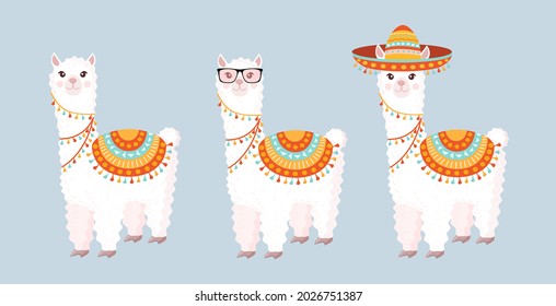 Collection of cute and festive llamas and alpacas on a blue background. Set of decorative elements for your design of a postcard, poster, wrapping paper, textiles, patern.