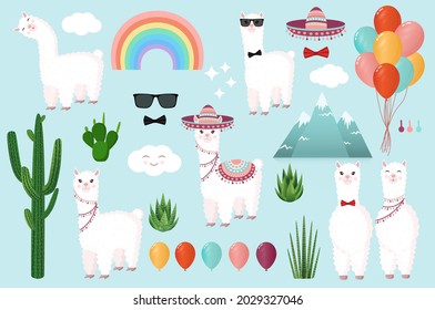 Collection of cute and festive llamas and alpacas on a blue background. Set of decorative elements for your design of postcard, poster, wrapping paper, textiles, patern, scrapbooking.