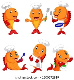 collection of cute fish chef cartoon