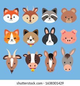 Collection of cute flat design animal heads 