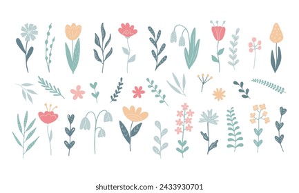Colección de ramas de flores coloridas de diseño lindo plano. Primavera Verano Conjunto de plantas aisladas en blanco. Ilustración floral dibujada a mano abstracta en estilo escandinavo. Elementos para el diseño