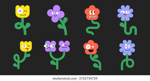 Colección de lindos personajes de flores de diseño plano que muestran diferentes emociones