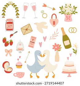 Collection of cute flat design illustrations representing love, romance, wedding, and celebration