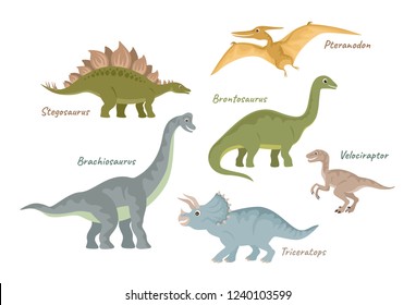 Collection of cute flat dinosaurs. Jurassic period creatures. Vector illustration isolated on white. 