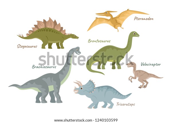 かわいい平らな恐竜のコレクション ジュラ紀の生物 白い背景にベクターイラスト のベクター画像素材 ロイヤリティフリー