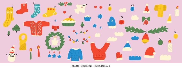 Collection of cute flat elements for Christmas. Hand drawn graphic design. Vector illustrations on pink background.