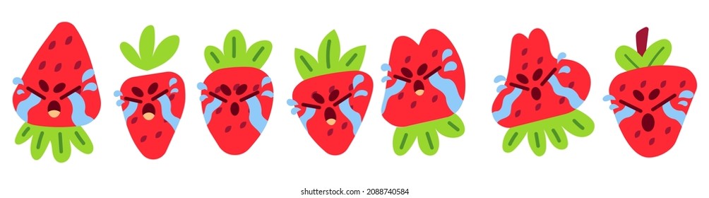 Collection of Cute Flat Strawberry Crying Emoticon