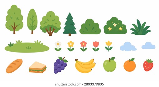 A collection of cute flat vector illustrations featuring trees, bushes, flowers, clouds, bread, sandwich, and various fruits on a white background.