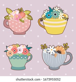 The collection of cute flower in the cup with flat vector style. illustation about flower and teacup.