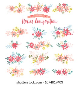 Collection of cute flower with leafs. Retro style of design elements, decorations for postcard, banners, dividers. Vector illustration template.