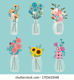 The collection of cute flower in the transparency jar with flat vector style. set bouquet of flower can use for graphic, greeting card , background , content,etc.