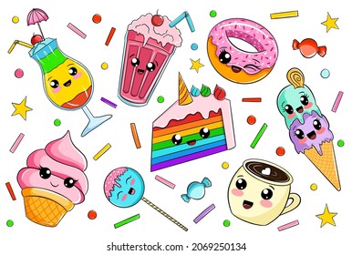 Collection of cute food characters.colorful kawaii sweets, vector isolated on white 
