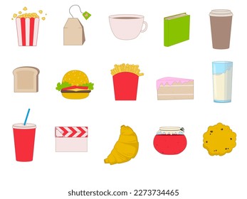 Collection of a cute food, drinks and objects. Popcorn, soda, coffee, tea, book, , milk, cookie, hamburger, cake, fries, jam, croissant, clapperboard, toast. Vector illustration