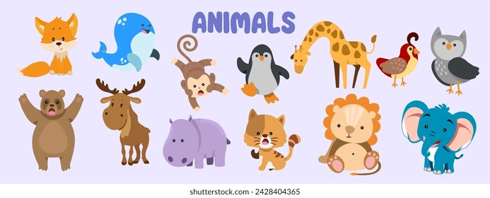 Collection of cute forest animals in cartoon style. Ideal children's design, for fabric, packaging, textiles, wallpaper, clothing