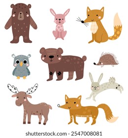 Una colección de lindos animales forestales, incluyendo osos, zorros, conejos, un erizo, un búho y un alce. Cada animal tiene un estilo divertido y caricaturesco con colores suaves y patrones decorativos.