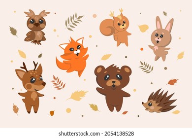 A collection of cute, forest animals and leaves. Squirrel,hare,hedgehog,bear, owl, deer, fox. vector graphics, for web design, products, book illustrations, to create an autumn or forest mood.