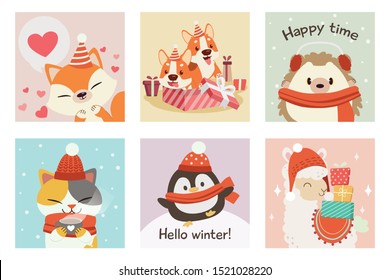 The collection of cute fox, corgi,hedgehog,cat,penguin,alpaca in winter and christmas theme set in flat vector style.