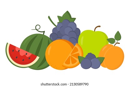 Colección de deliciosas frutas frescas. Comida vegetariana. Nutrición adecuada. Melona, uva, manzana, arándano, albaricoque, limón, naranja. Ilustración de estilo de vida saludable para imprimir, web. Frutos de verano de moda