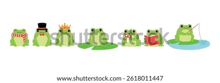 collection of cute frog with scarf, top hat, wearing crown, on leaves, holding mushroom, read book and fishing in water illustration