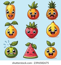 collection of cute and cute fruit emojis on a green background