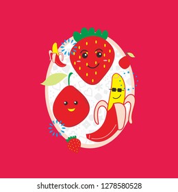 A collection of cute fruit that is suitable for packaging food and beverage products.