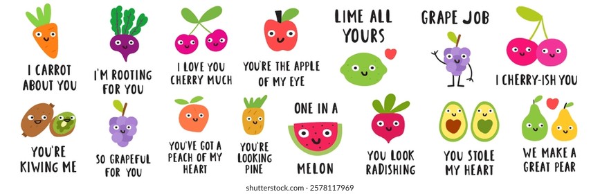 A collection of cute fruits and vegetables with funny phrases. Hand drawn illustrations. Stickers. Flat vector design on white background.