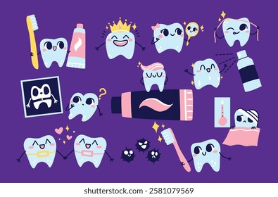 A collection of cute and fun tooth mascots demonstrating dental care activities such as brushing, flossing, using mouthwash, and orthodontic care. Ideal for educational materials and dental branding.