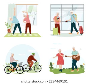 Collection of cute funny active elderly couples concept. Set of healthy activities for seniors exercising, dancing, cycling, travel. Active retirement spends time outdoors. Flat vector illustration