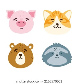 Collection of cute funny animal faces, heads. Set of various cartoon isolated muzzles. Vector illustration for print on children's clothing, greeting cards, nursery, stickers, stationery, room decor