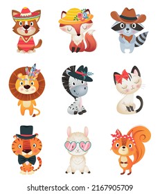 Collection of cute funny animal faces or heads wearing glasses, hats, headbands and wreaths. Set of various cartoon muzzles isolated on white background. Colorful hand drawn vector illustration