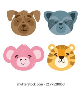 Collection of cute funny animal faces, heads. Set of various cartoon isolated muzzles. Vector illustration for print on children's clothing, greeting cards, nursery, stickers, stationery, room decor