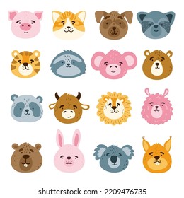 Collection of cute funny animal faces, heads. Set of various cartoon isolated muzzles. Vector illustration for print on children's clothing, greeting cards, nursery, stickers, stationery, room decor