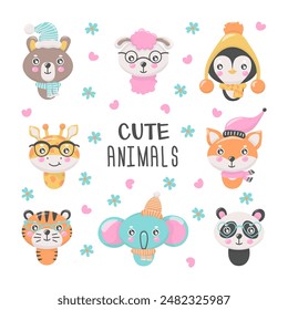 Collection of cute funny animals faces or heads wearing glasses and hats. Stock vector illustration. Isolated image on a white background. Illustration for children