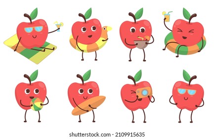 Collection Cute funny apple health and activity in summer, swimming with lifebouy in pool and singing song, cartoon character  vector illustration